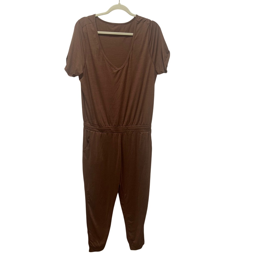 Vuori Lux Jumpsuit Brown V-Neck Short Sleeve Jogger One Piece Womens